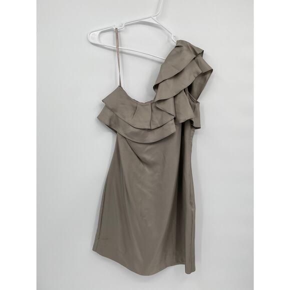 Banana Republic One Shoulder Tan Ruffle Dress 100% Silk Size 4P 4 Petite - Picture 1 of 11